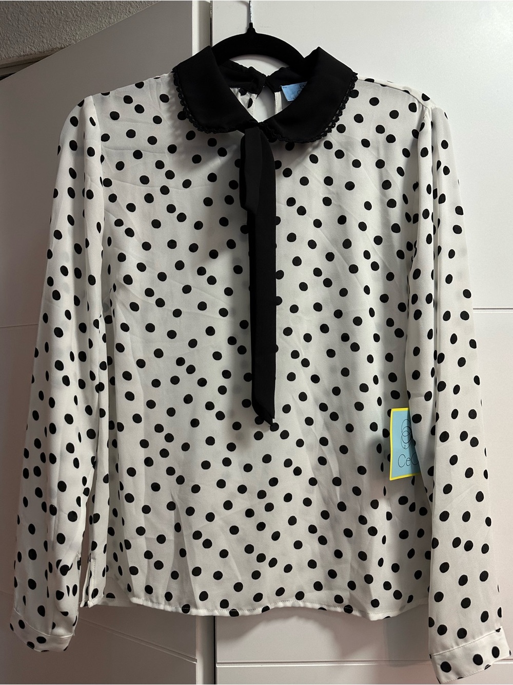 Cece Black and White Polka Dot Tie-Neck Blouse Soft Ecru New With Tags